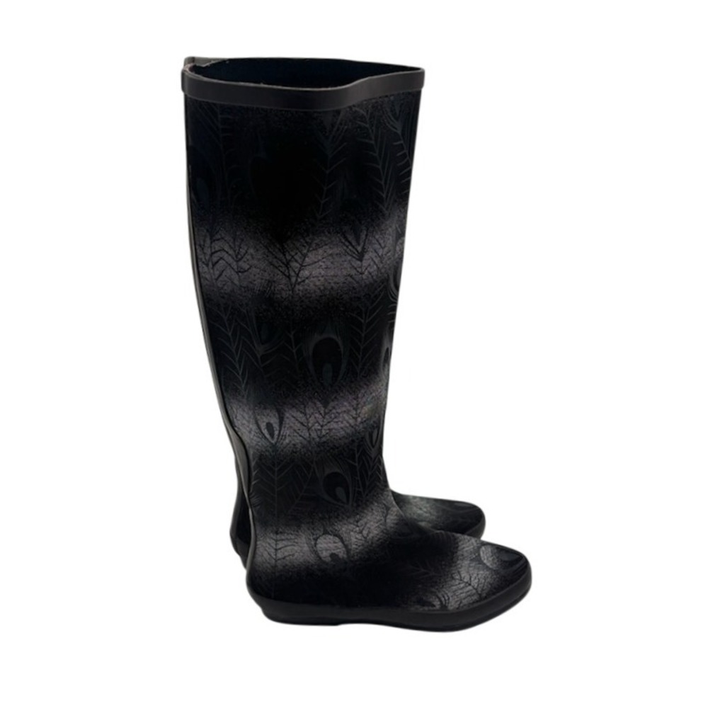 Totes Rain Boots Knee High Black Peacock Feather Print Waterproof Size 7